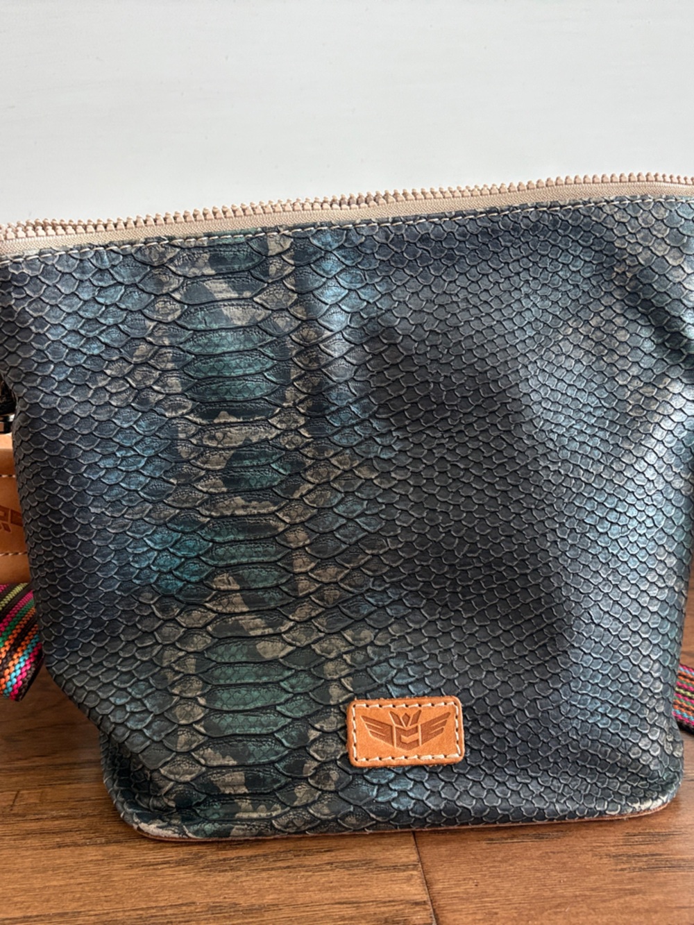 Consuela - Teal Snake-Print Crossbody Bag with Removable Multicolor Strap
